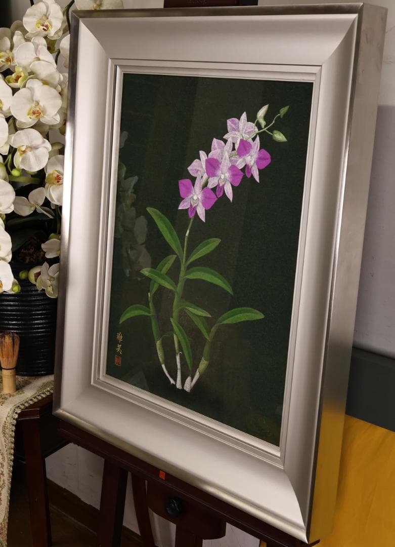 池内璋美 「 蘭花 」　10号　岩彩画　共シール　タトウ　黄袋　BK60