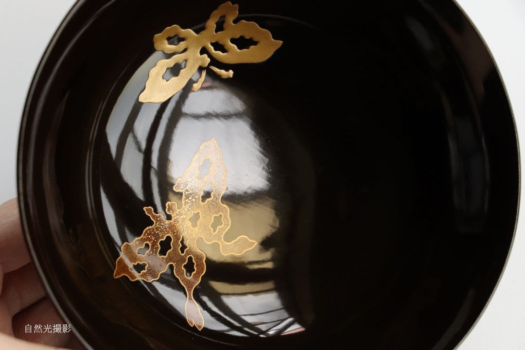 M873 時代 木製漆器 輪島塗 蝶金蒔絵 黒塗椀 二客 天然木 梨地