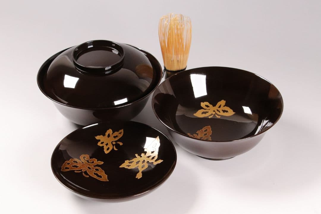 M873 時代 木製漆器 輪島塗 蝶金蒔絵 黒塗椀 二客 天然木 梨地