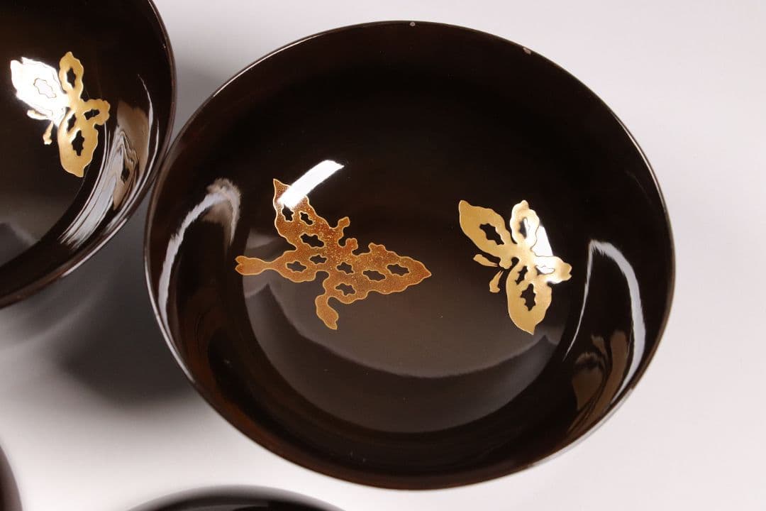 M873 時代 木製漆器 輪島塗 蝶金蒔絵 黒塗椀 二客 天然木 梨地