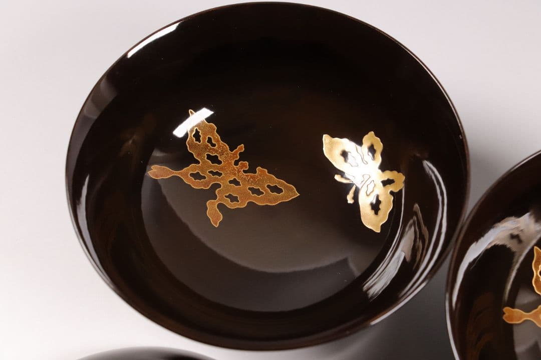 M873 時代 木製漆器 輪島塗 蝶金蒔絵 黒塗椀 二客 天然木 梨地