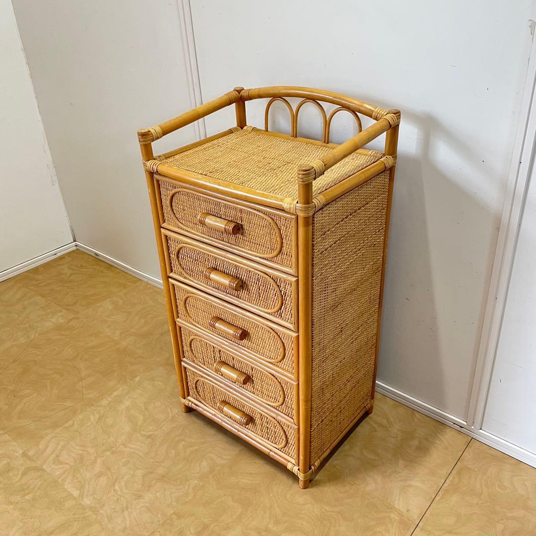 籐 ラタン 5段チェスト 引き出し 収納 タンス 電話台 スリム ビンテージ