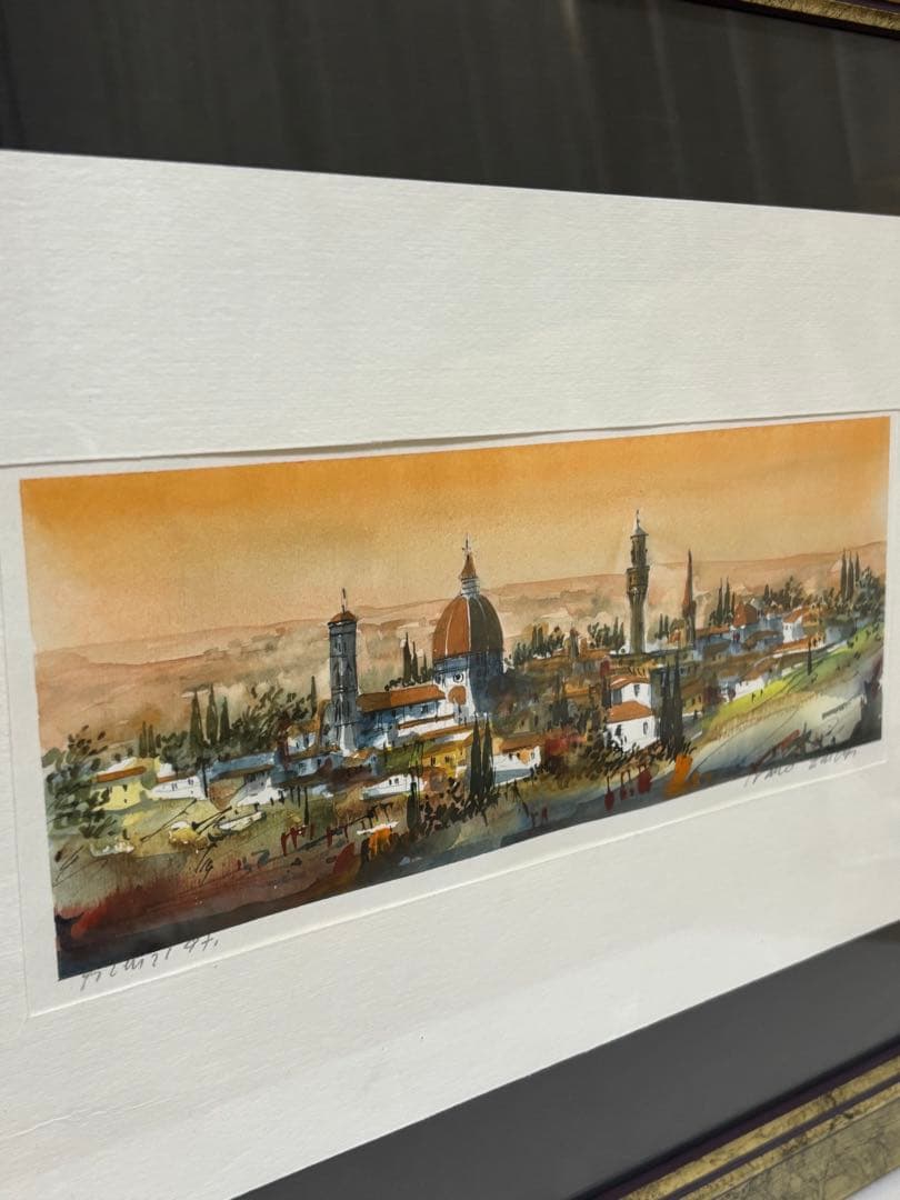 水彩画 イタリアのフィレンツェの街並 サイン入り