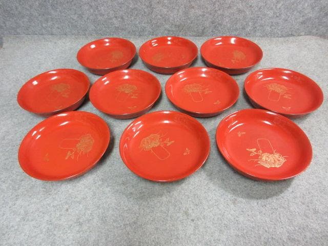 朱塗沈金蝶に花篭手木皿10枚 [B25497]