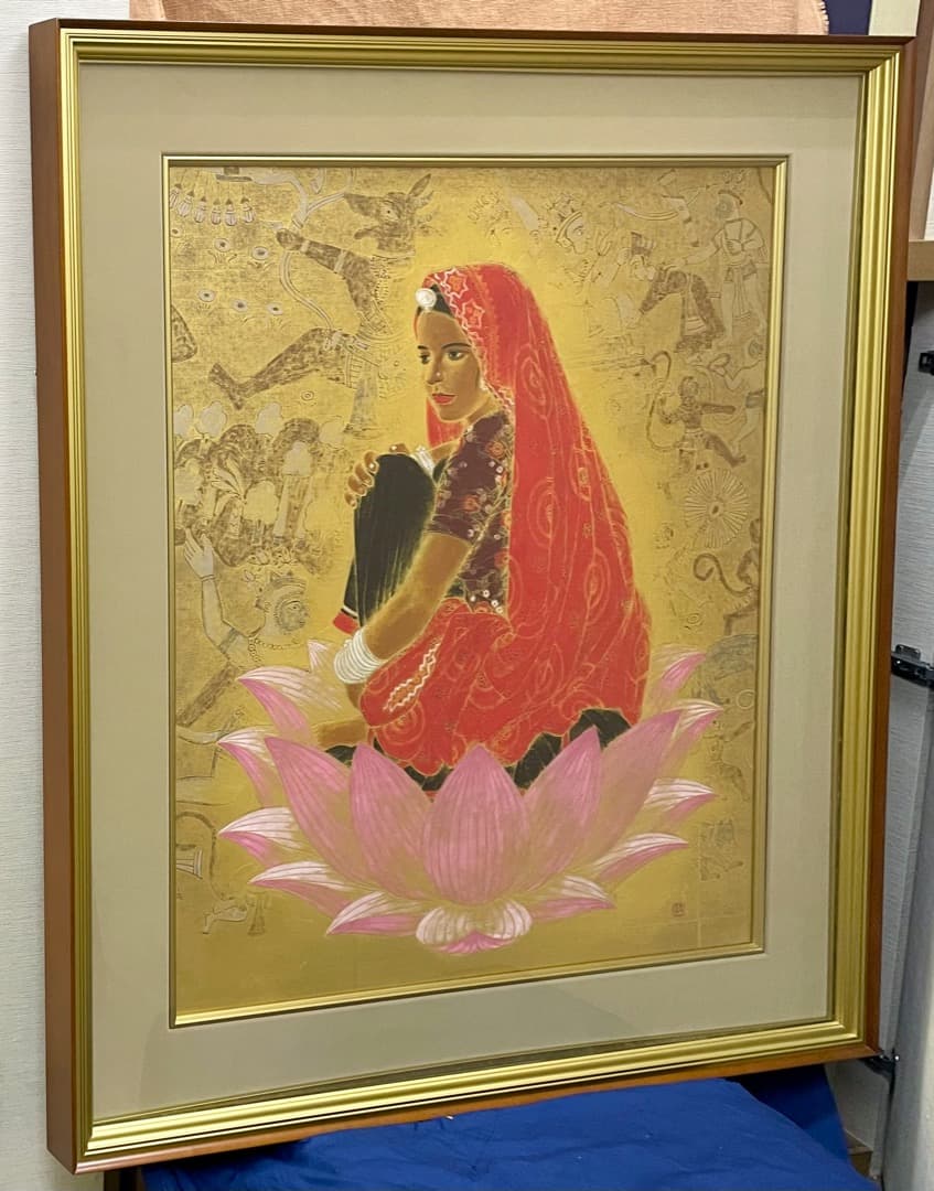 石踊紘一『パドマ (蓮華)』30号 油彩 日本画 額装済み インド美人 蓮の花