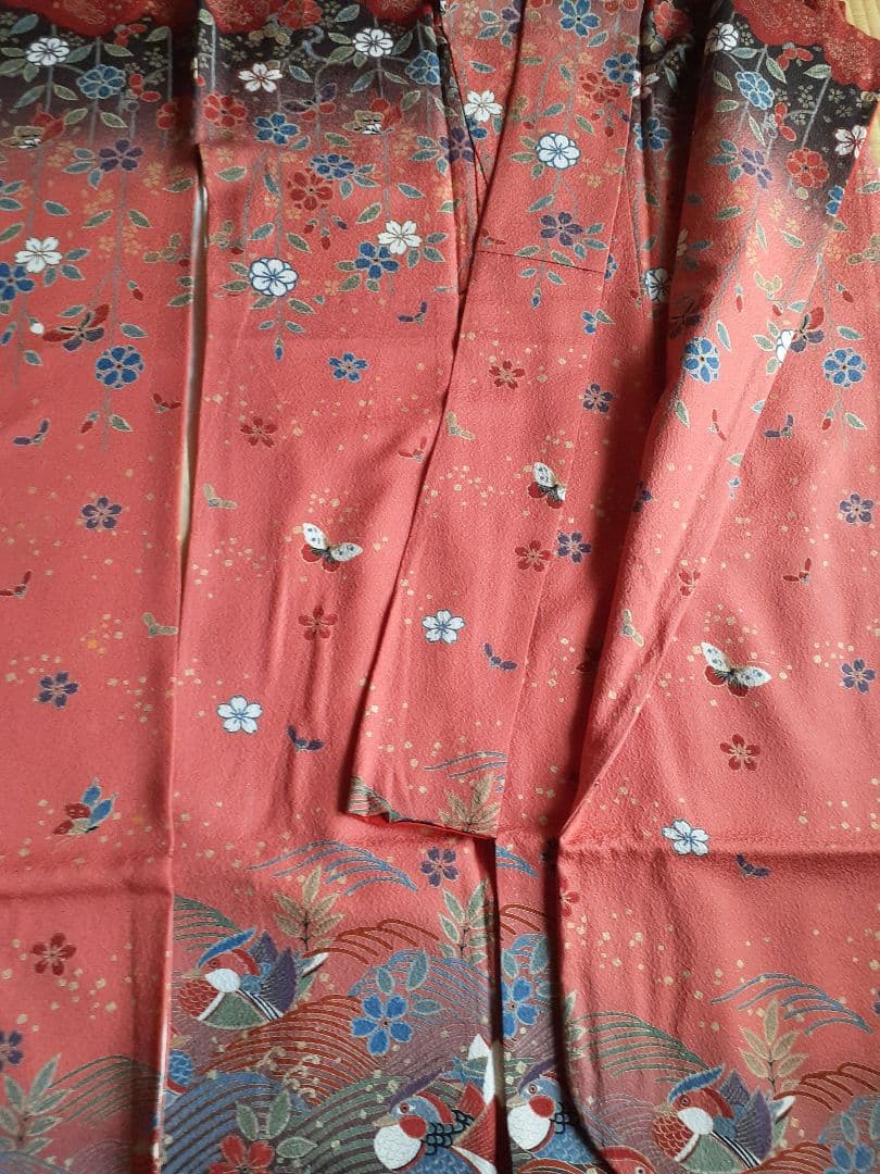 正統派 古典柄 振袖 朱赤 波文様 花鳥 身丈160 裄66