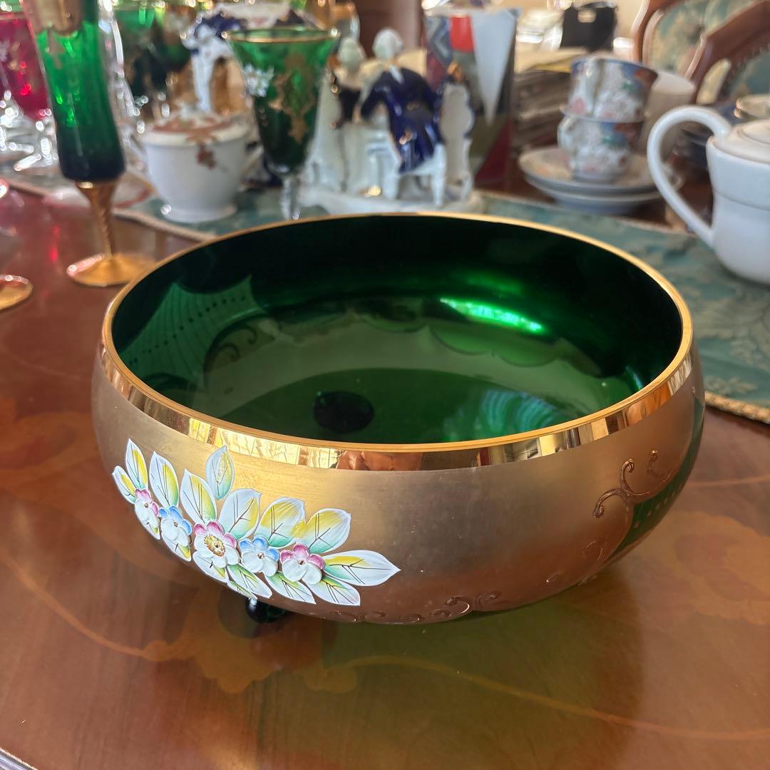 緑と金の花柄ガラス皿