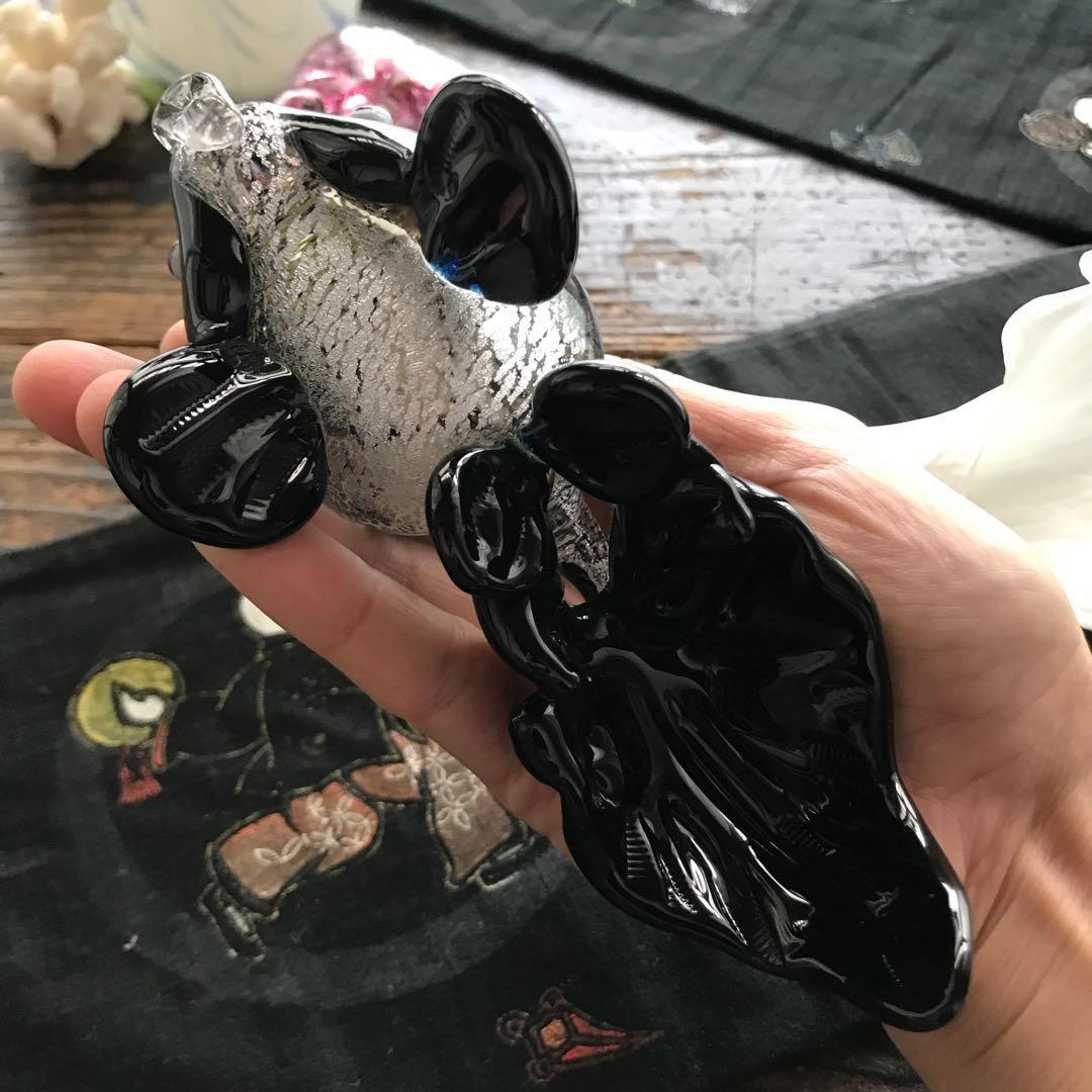 骨董　現代作家物　アート　濃紺　金赤被せ　吹雪紋　金彩爆変　金魚２体