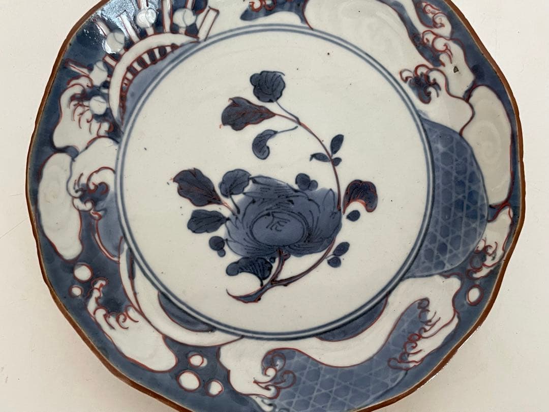 骨董　アンティーク　藍九谷　古九谷金銀彩　輪花　七寸皿　牡丹　蛇籠　水車