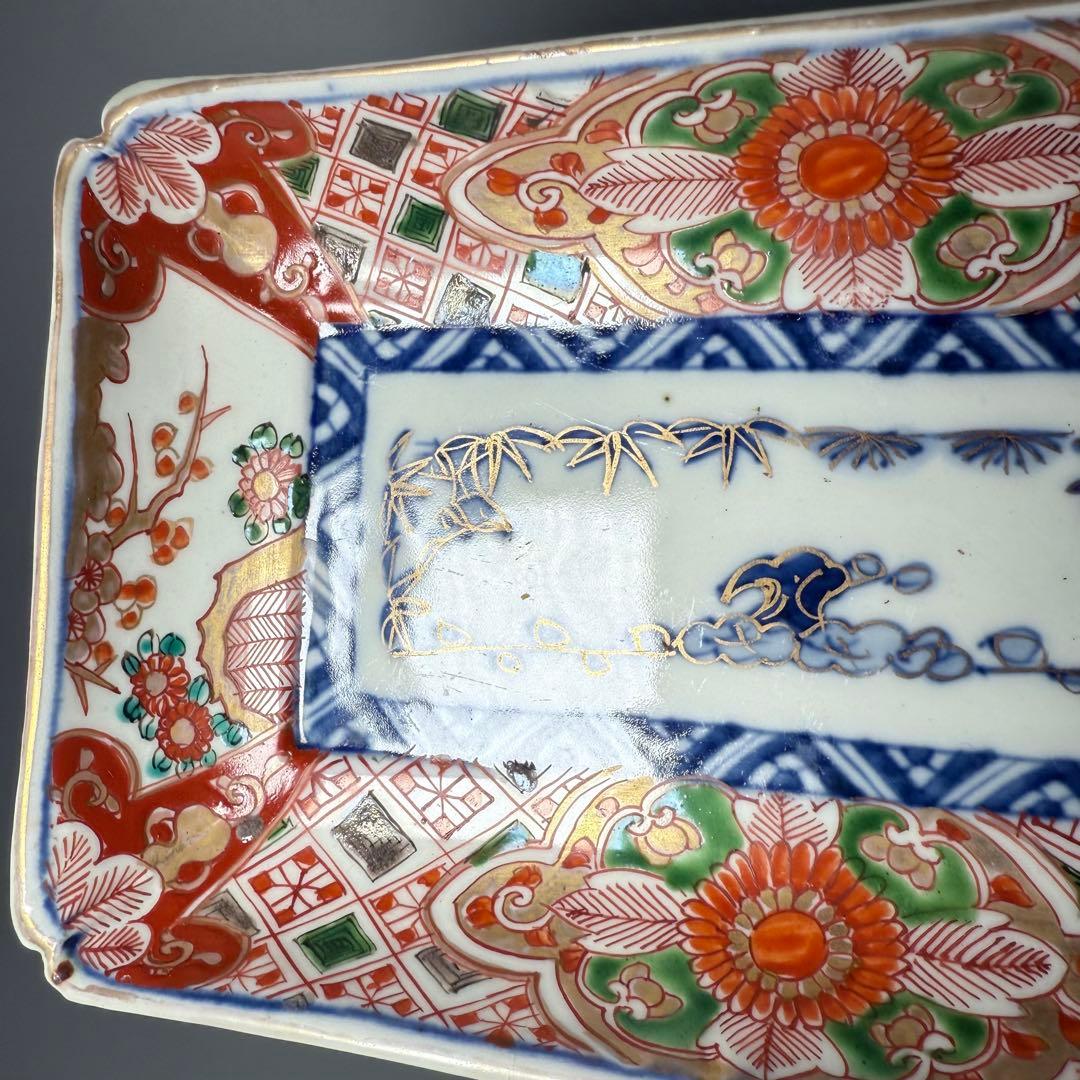 幕末〜明治時代　色絵草花文様長皿　四客　裏唐草文様　絢爛豪華　20.3cm