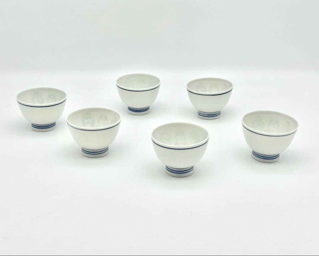 煎茶器　土山松泉造　染付着彩三猿図　煎茶碗　6客組　共箱　煎茶道具