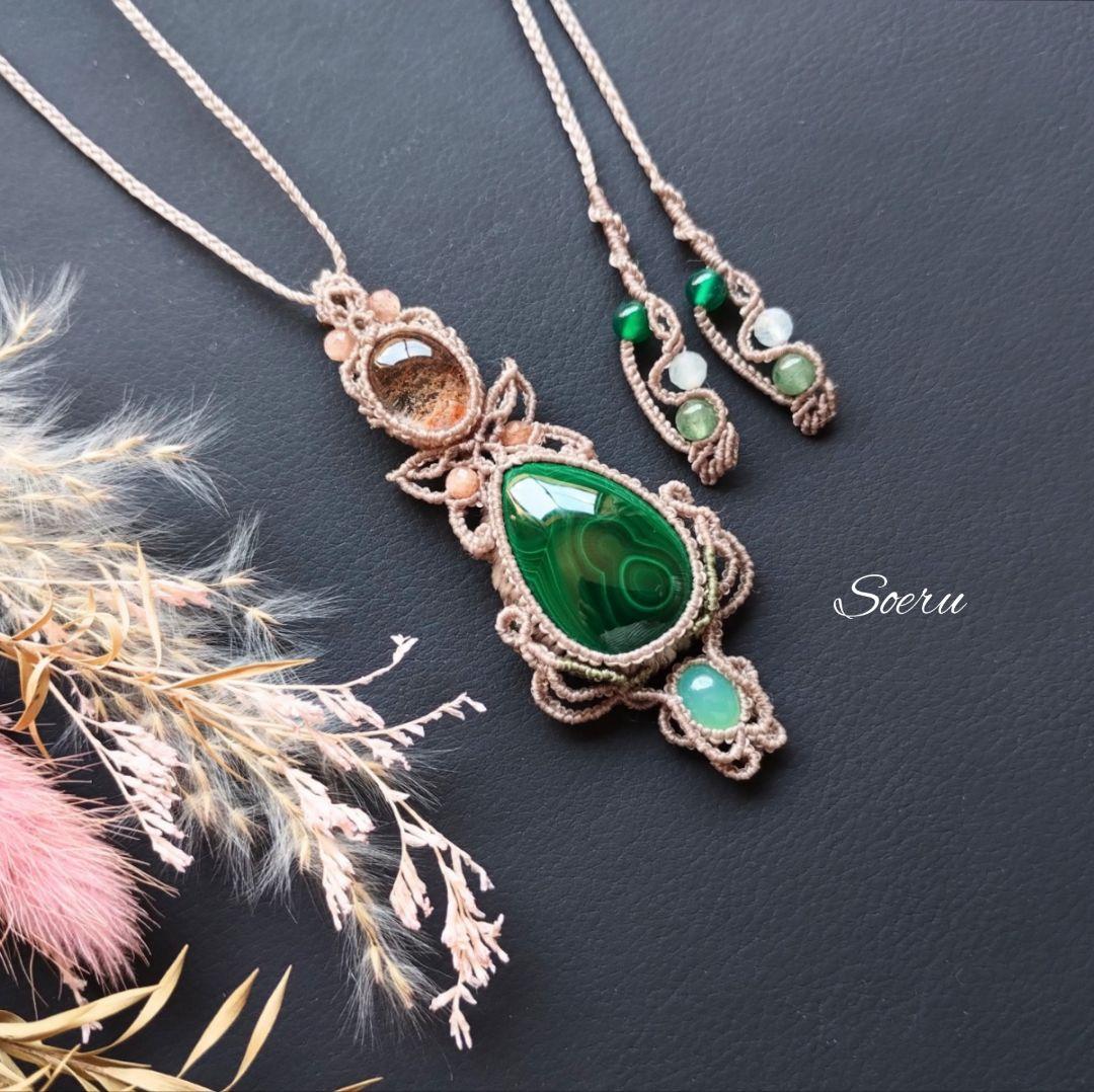 【ちーさん】マラカイト＆ガーデンクォーツのマクラメ編みネックレス他　天然石