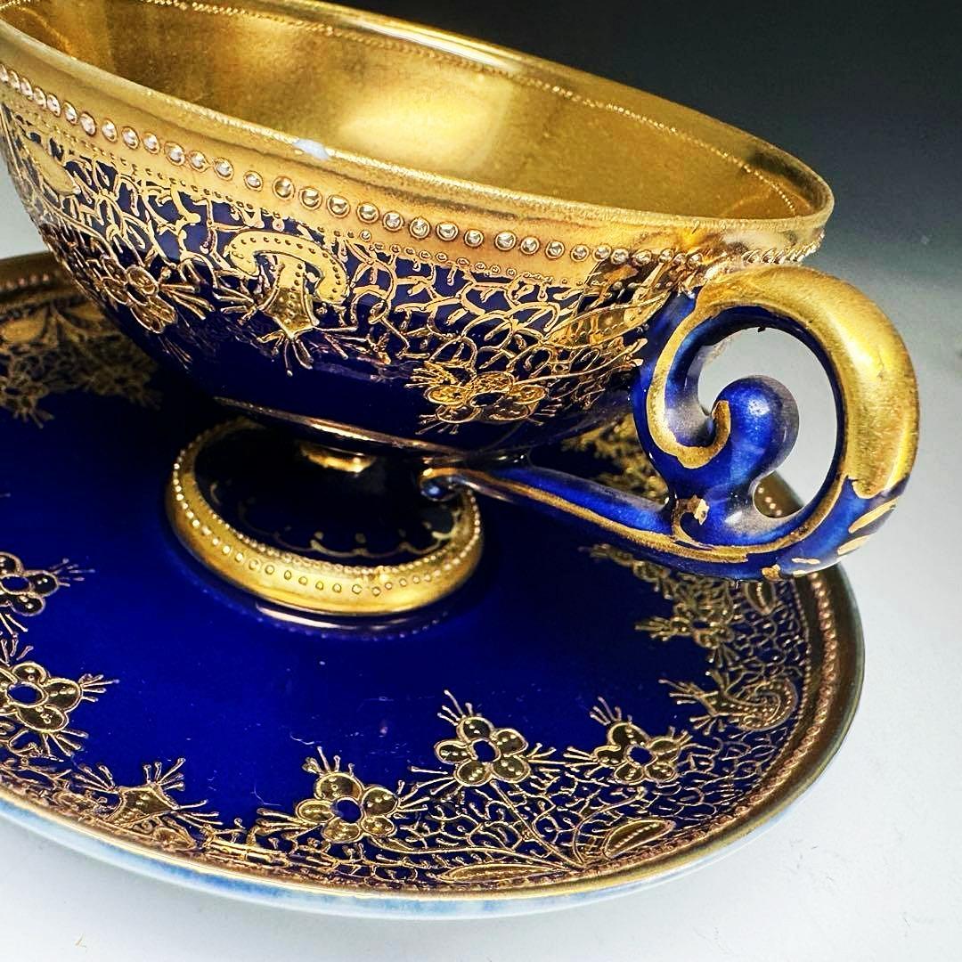 逸品■オールドノリタケ コバルト 金盛 レース装飾 ペディスタル カップソーサー