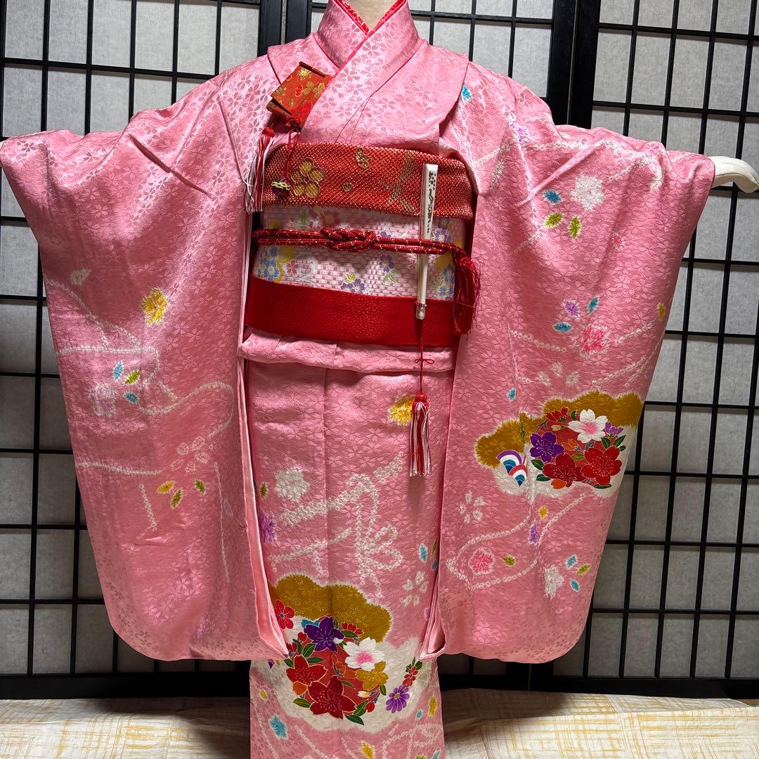 七五三　着物セット　7歳　正絹　絞り　友禅　桜色　美品　新品