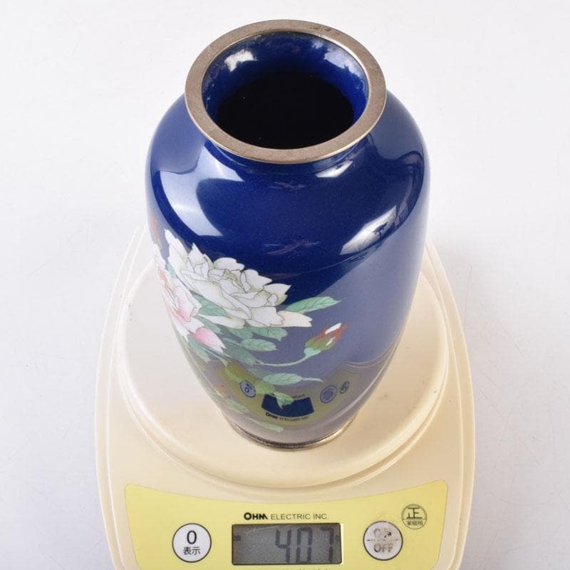 七宝焼　薔薇文　花瓶　唐木台付　時代箱　M　R9058