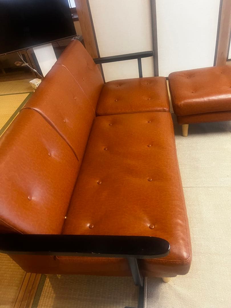 ブラウン カウチソファセット オットマン付き