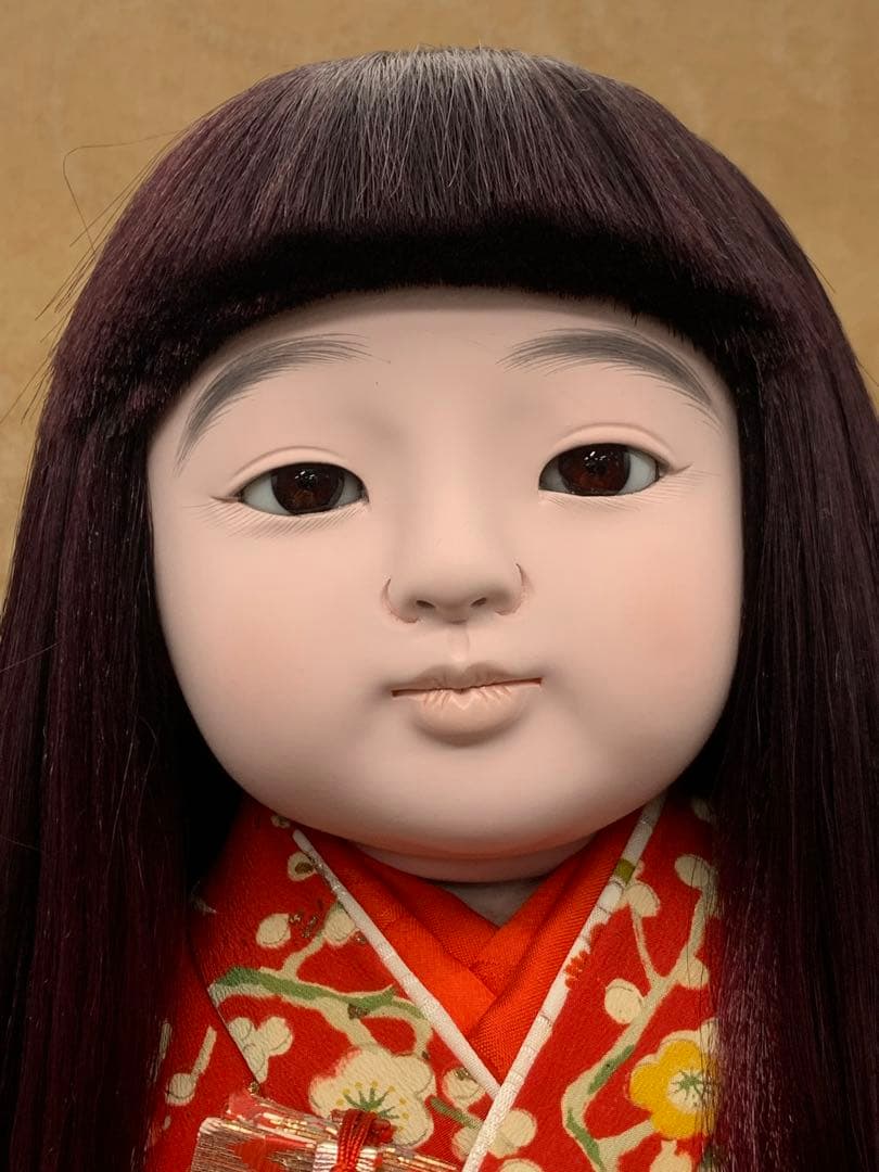 市松人形 赤色の着物 約42cmガラスケース入り約57cm