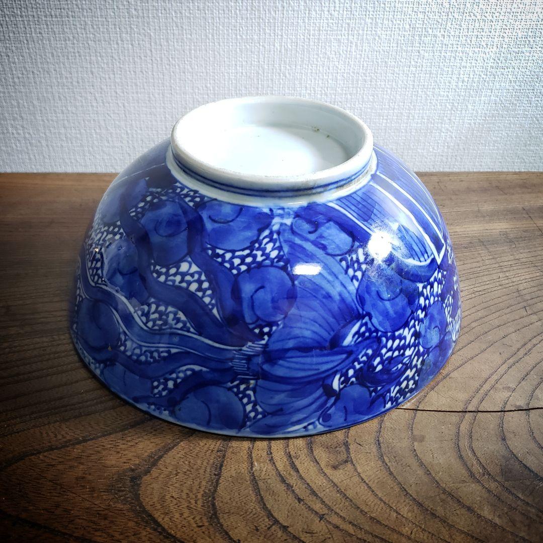 江戸期 染付 龍鳳凰文 大鉢 どんぶり 径19cm 骨董 古伊万里 縁起物