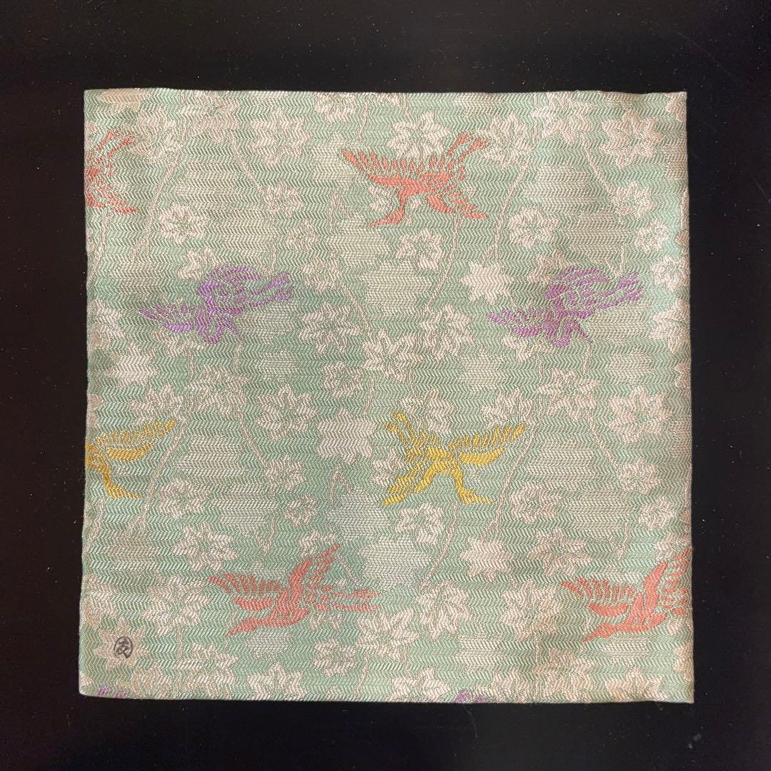 茶道用古帛紗 緑色 鳥と花模様 元箱付き