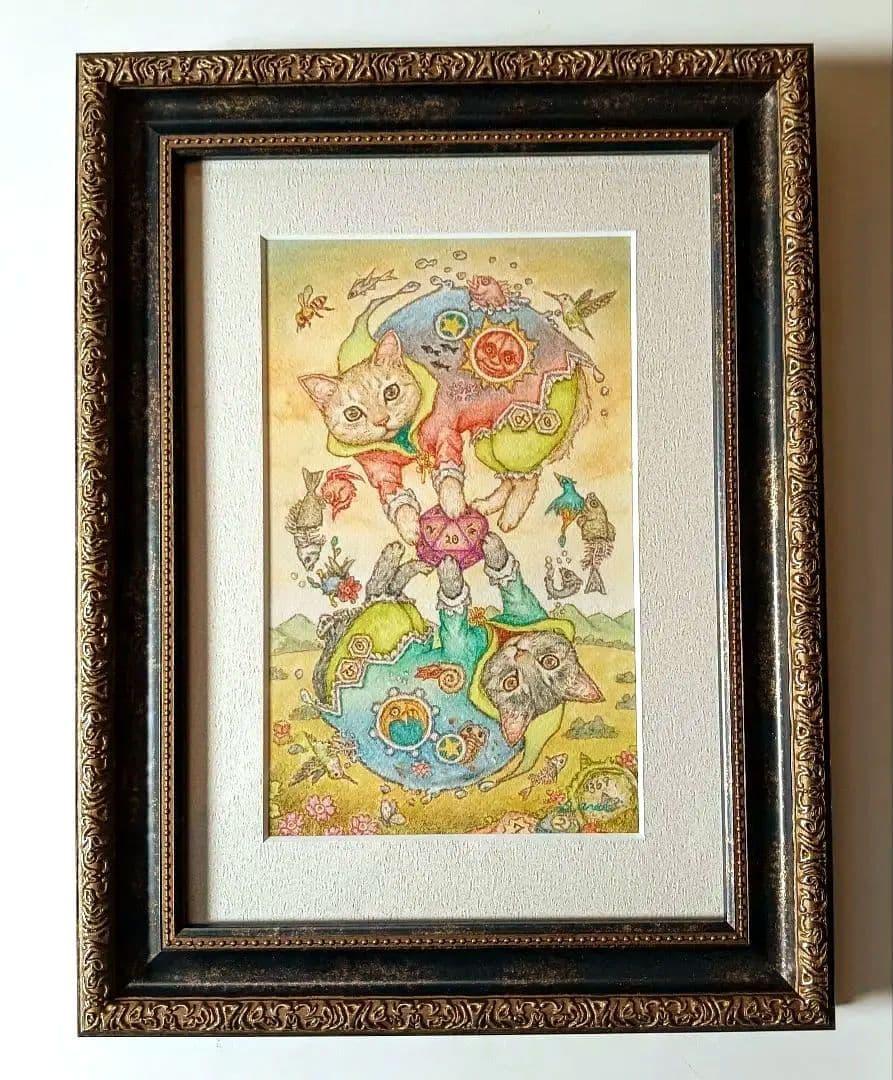 【原画】『運命のダイス』猫　絵画　パステル画　アンティーク　ミステリアス