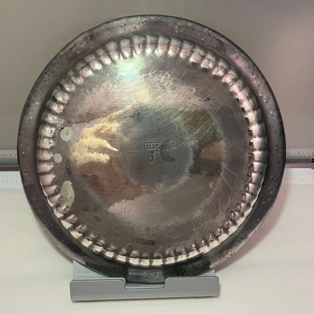 純銀 152g 寿光造 槌目 青海盆 銀皿 菓子器 直径18cm