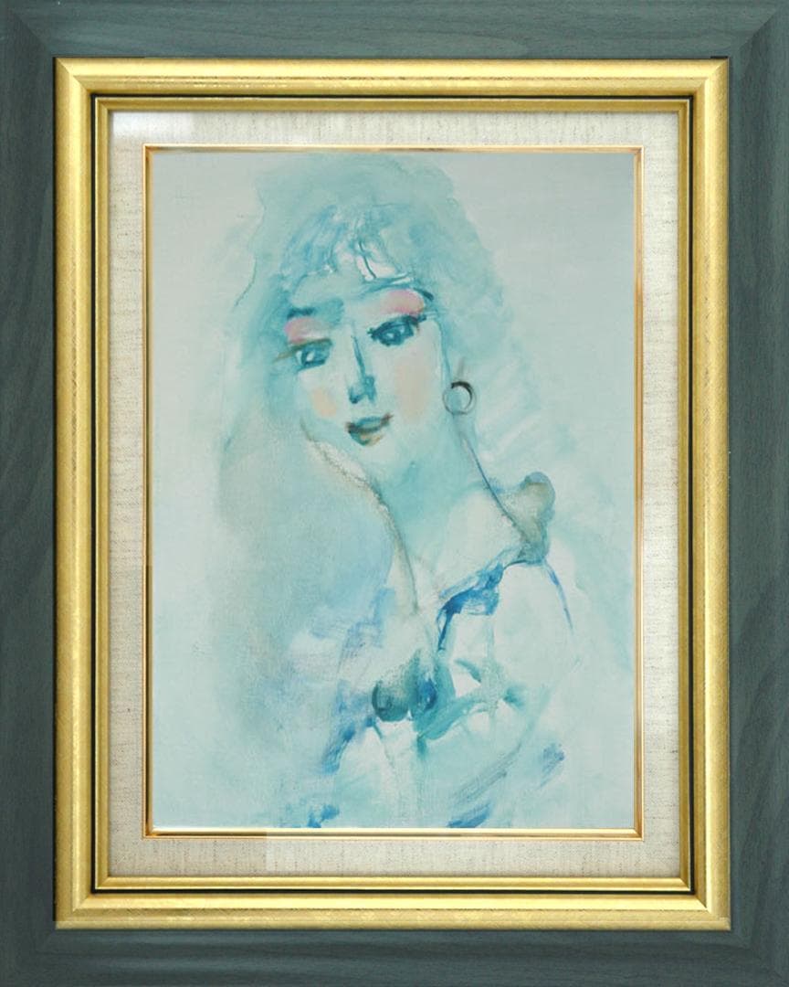 油絵 菅家令子 絵 絵画インテリア額付(青緑＋金色の枠) F6-080112女性