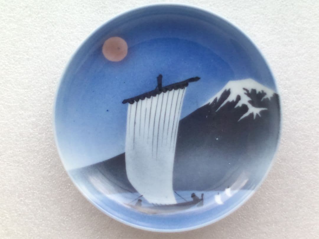 図変わり時代皿●瀬戸焼吹墨印判富士帆船絵図小皿:径約16cm５枚組●保管品未使用
