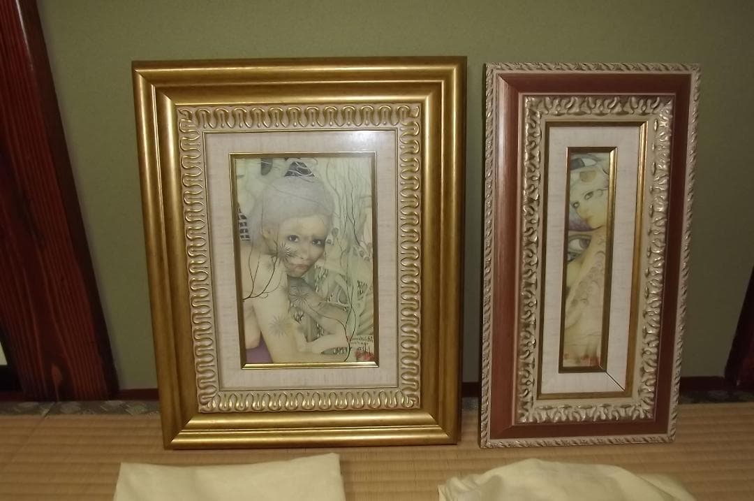 ケイト.J 城 景都　エンピツ水彩画　題名【進青】【進美】２作品　肉筆　真作