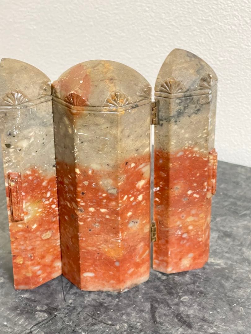 石製彫刻 三つ折り背景付き仏像　仏教　古美術