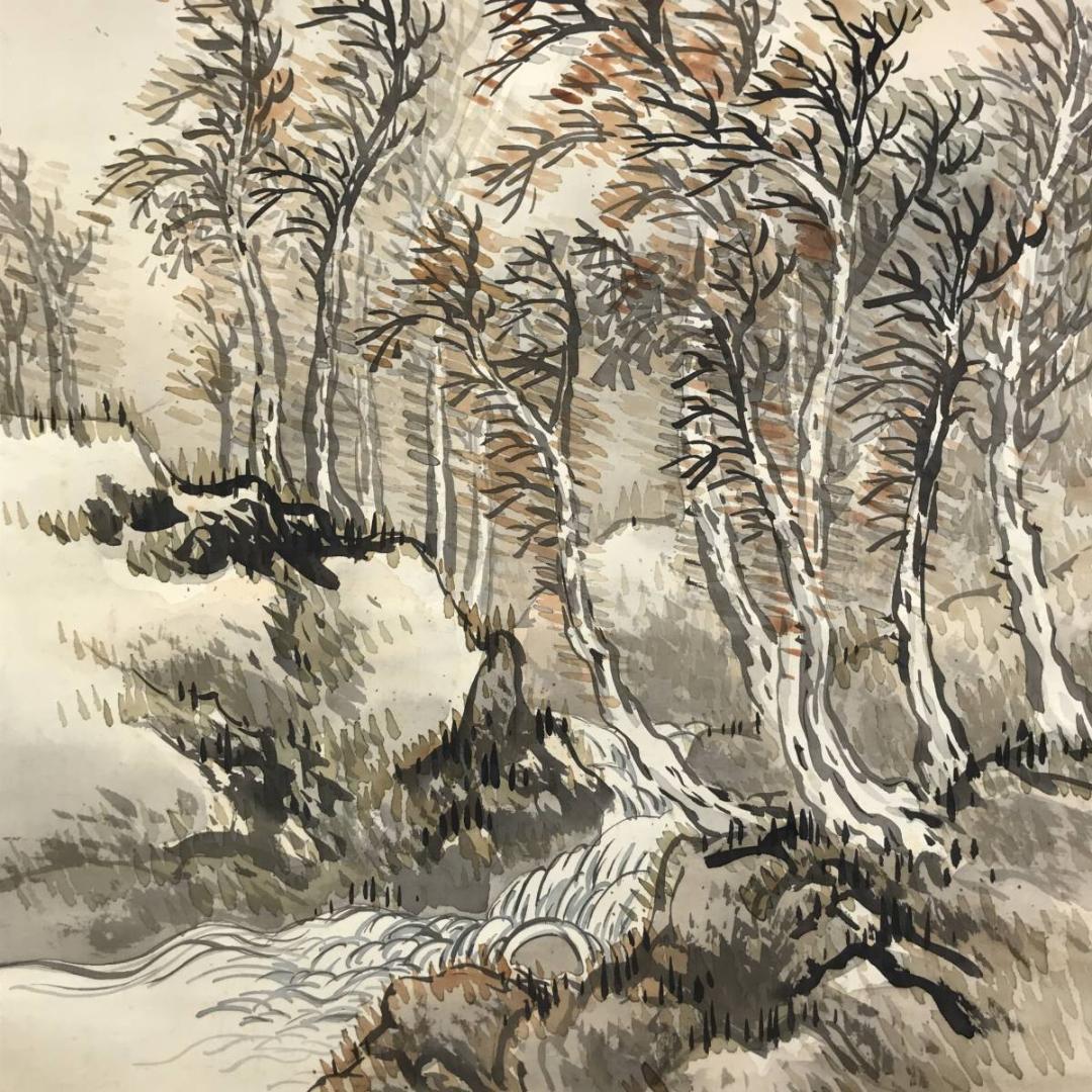 【真作】山下青城/渓山早春/山水図/掛軸/名家伝来/AD-321