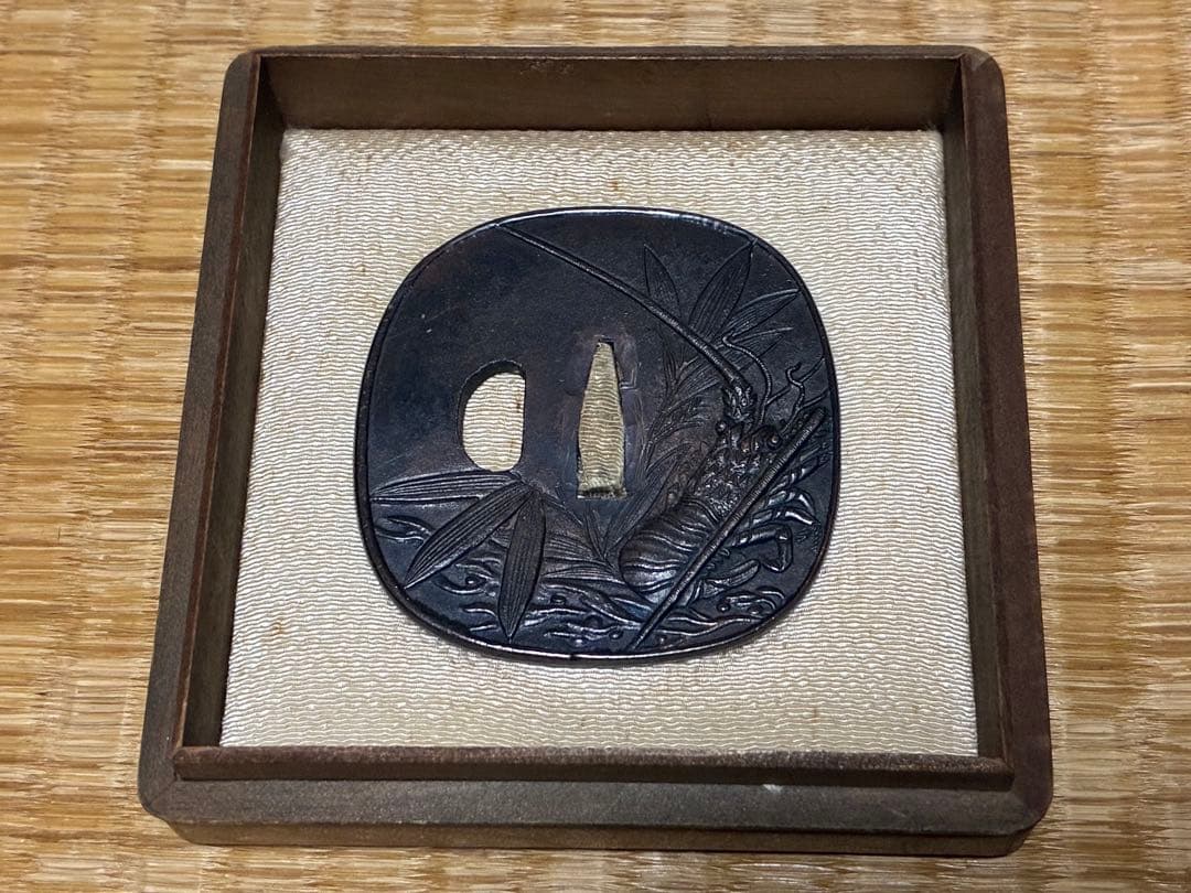 銅製 海老 笹 象嵌 鍔(つば) 刀 時代物 箱入