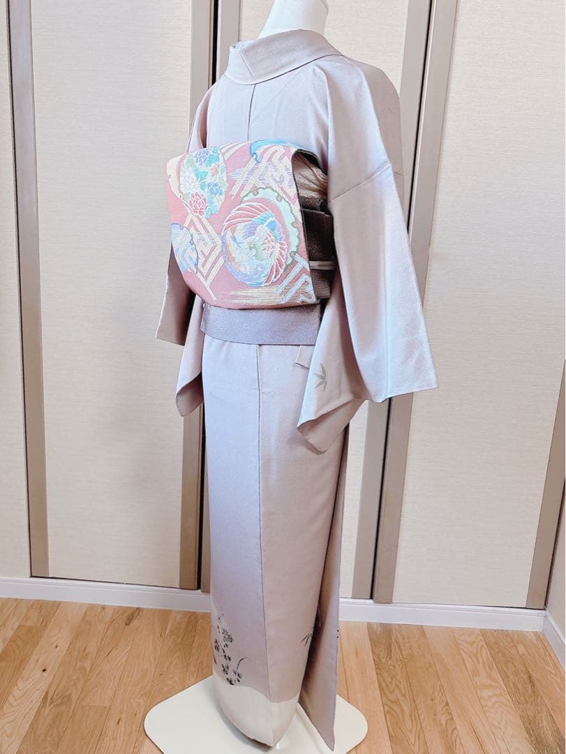 正絹　付け下げ　フルセット　裄65 卒業式　入学式　お宮参　袋帯 S グレー　白