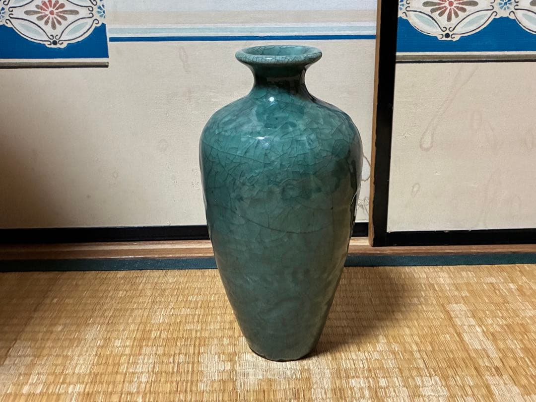 中国 緑色の陶器製 壺 花入 唐物