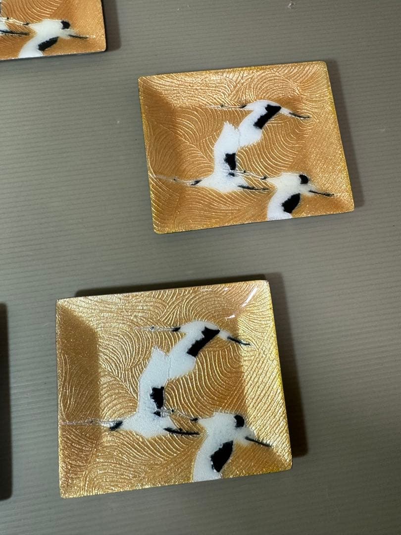 2936 七宝焼　金地双鶴　角皿　5客