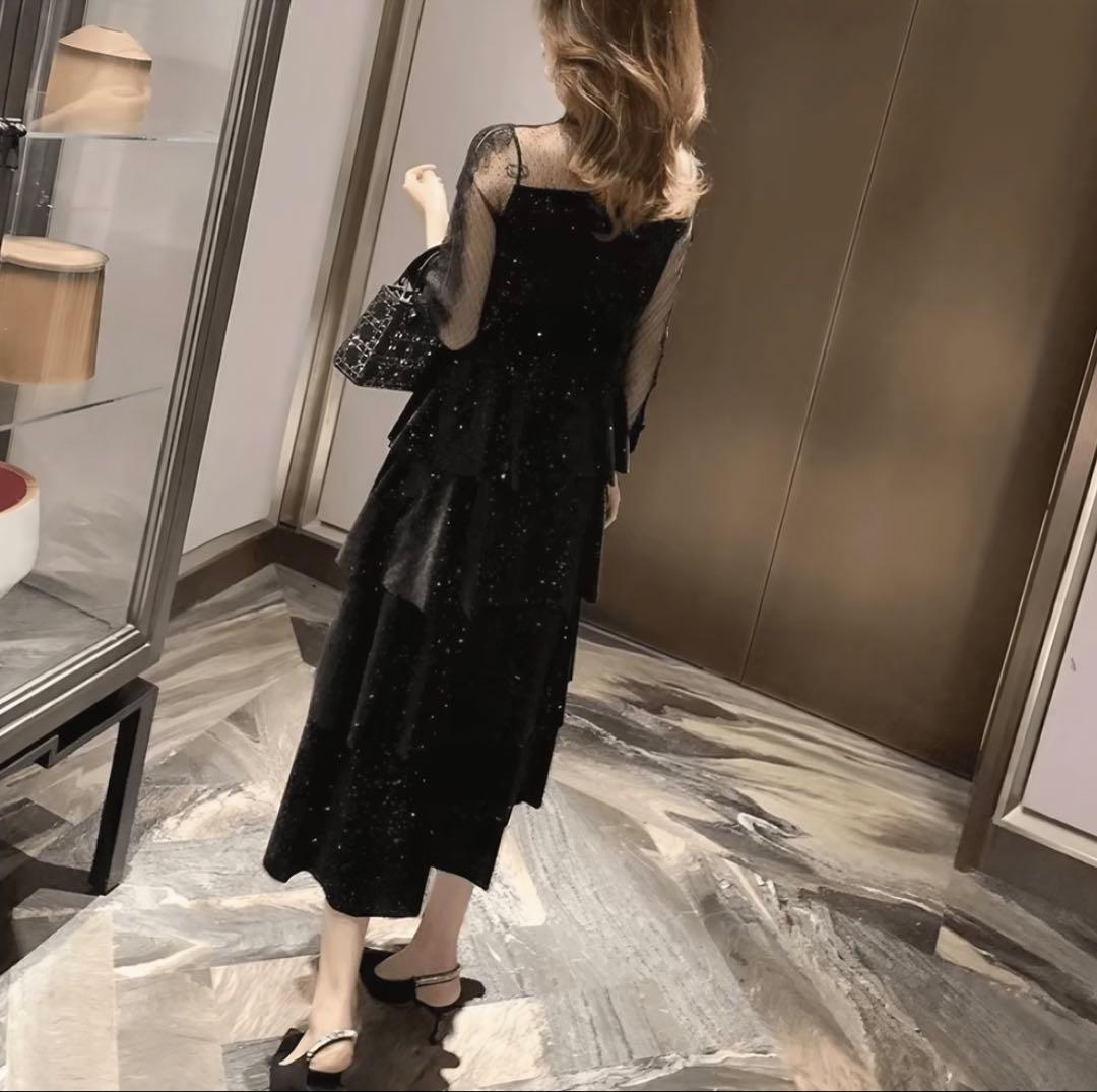 ベロア ロングワンピース 長袖 シースルー 結婚式 パーティードレス お呼ばれ