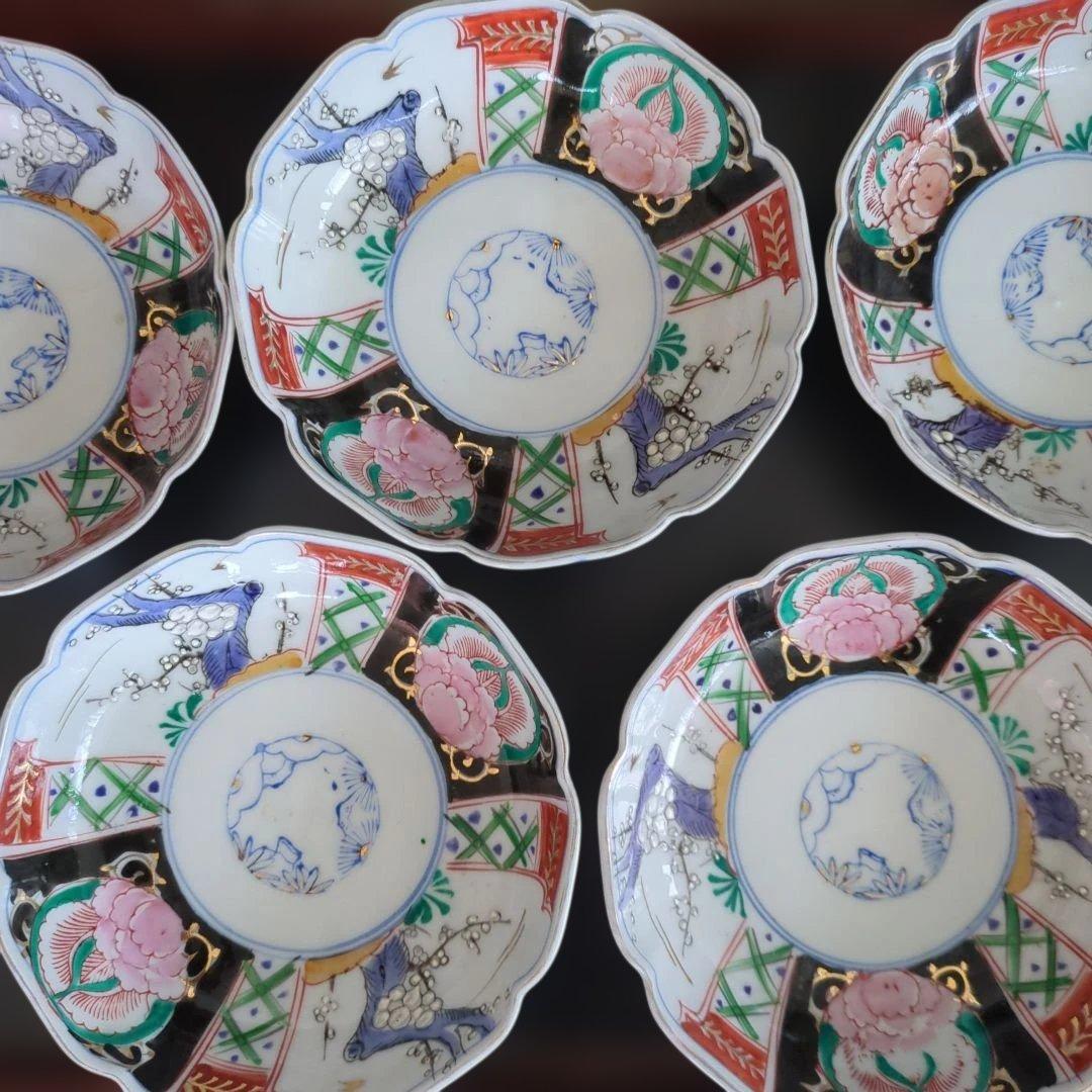 骨董　伊万里　色絵　なます皿　皿　陶器　梅に燕　花弁形　5枚〜