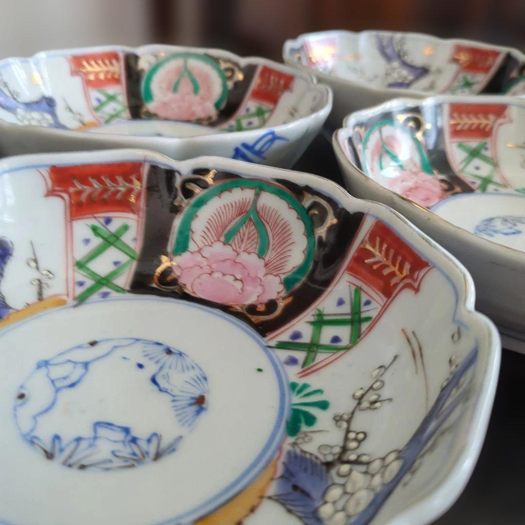 骨董　伊万里　色絵　なます皿　皿　陶器　梅に燕　花弁形　5枚〜