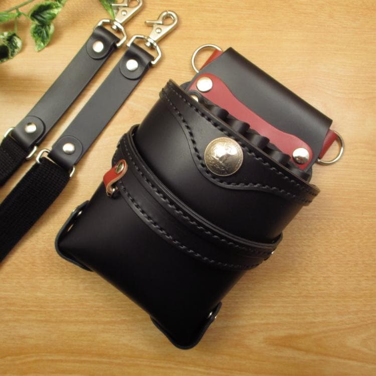 ブラック＆赤色　５丁差し　本革シザーケース　SCA-40/CKA
