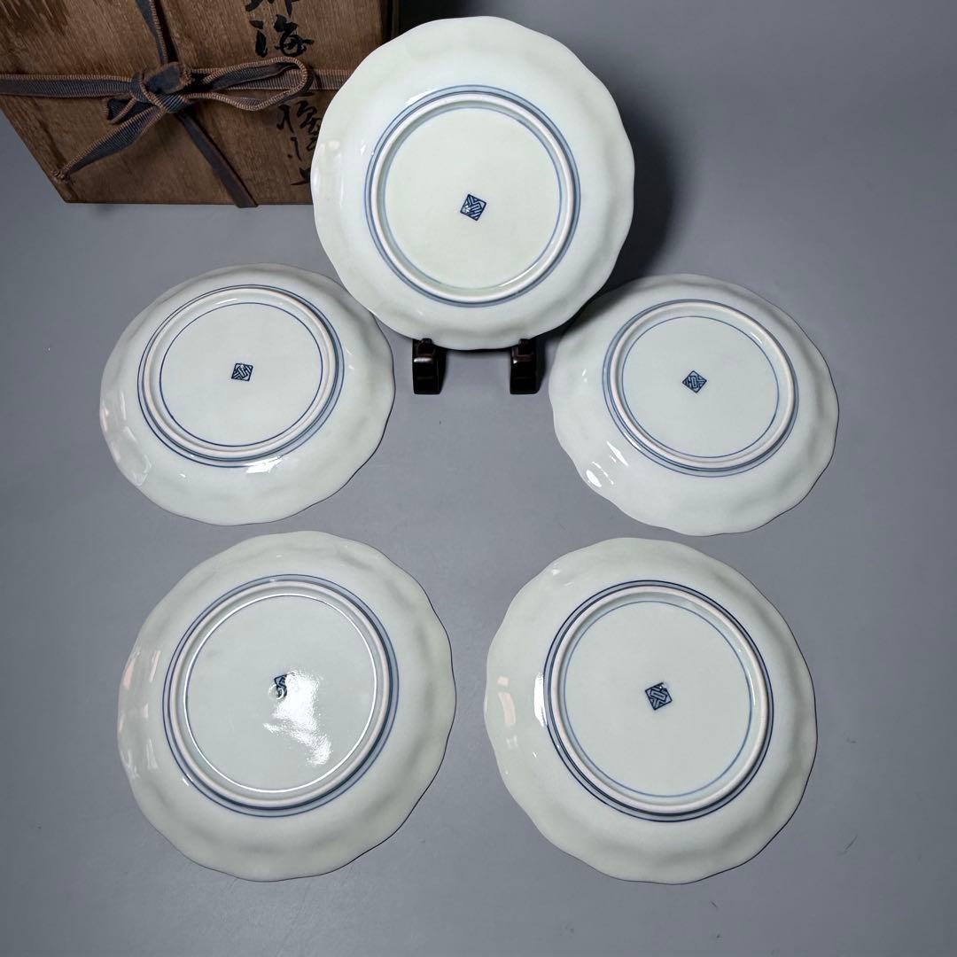 昭和初期　十一代今右衛門　今泉今右衛門　錦　海老文様皿　五枚　共箱　希少菱形窯印