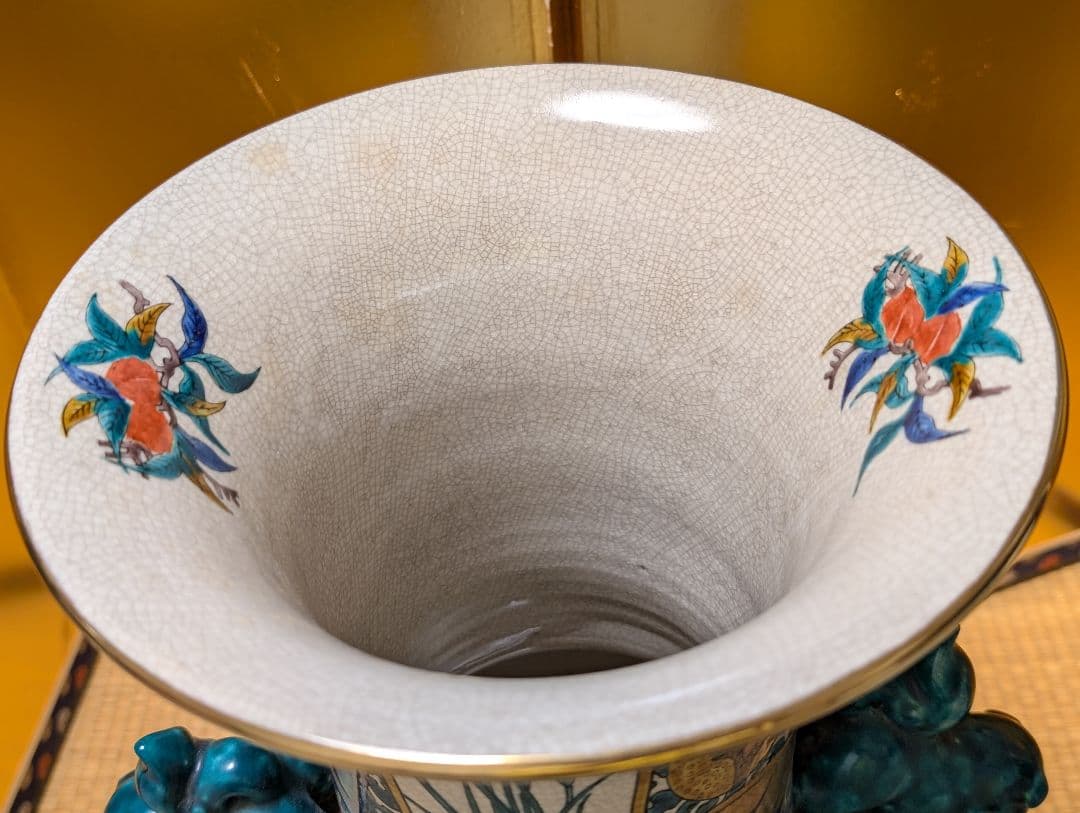 九谷焼　角福　青手　壺　花瓶 『双耳飾壺』