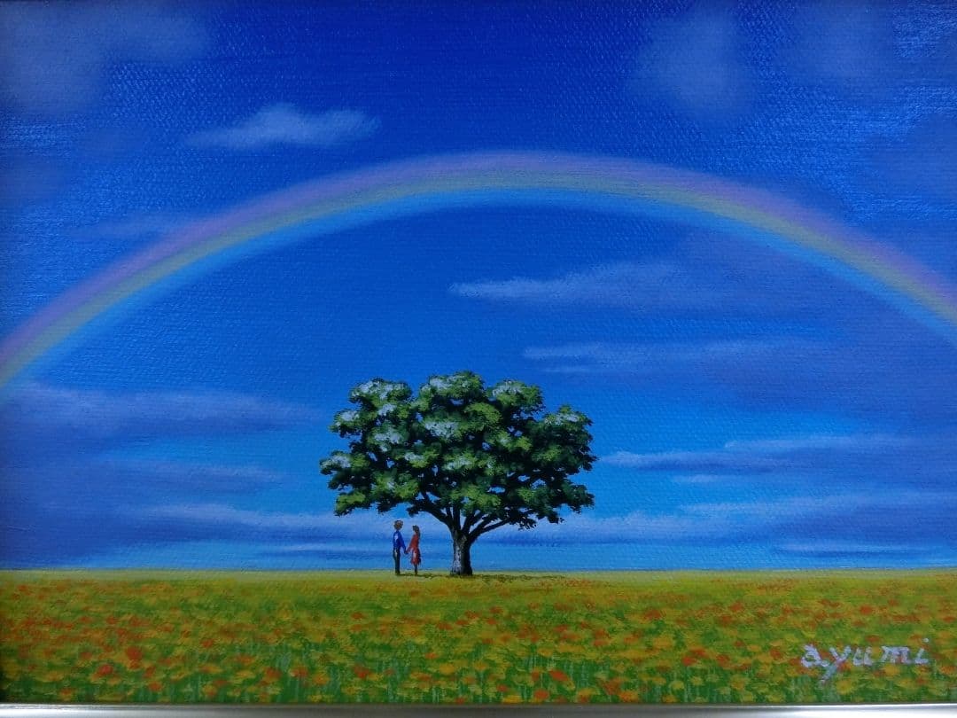 【ART】白鳥あゆみ真筆(虹のある風景)サムホール