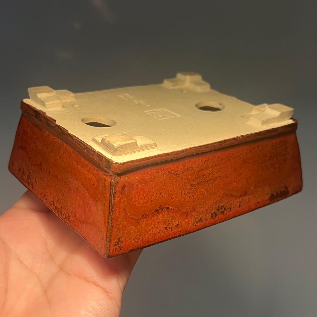 749.桂雲 鉄紅釉段足長方 盆栽鉢 植木鉢 11.5*9.3*4.5cm