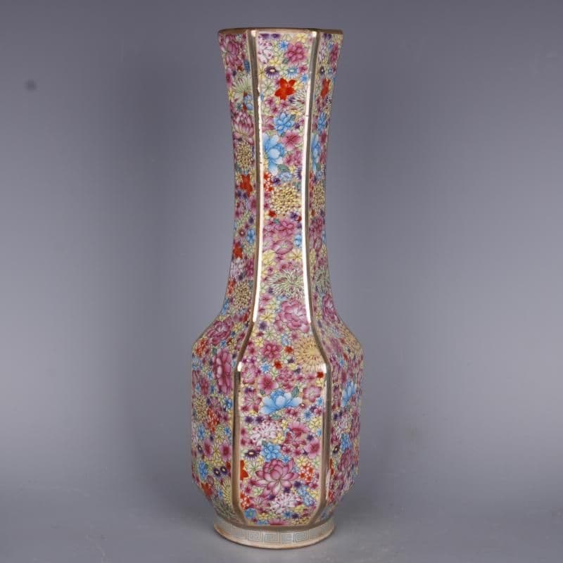 清乾隆琺瑯彩万模様六方挿花器 景徳鎮 陶磁器 装飾品 現代工芸品美術品 置物