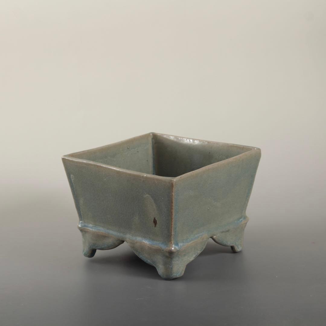 天晴釉 四方形 香炉 倣古 仿汝釉 清朝期？ 中国美術 青磁香炉 古美術 古道具