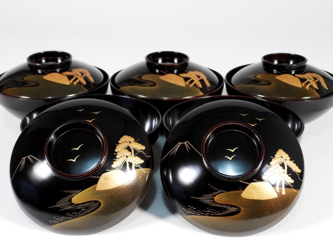 金蒔絵　風景図　木製漆器 輪島　汁椀蓋碗5客セット　吸物碗
