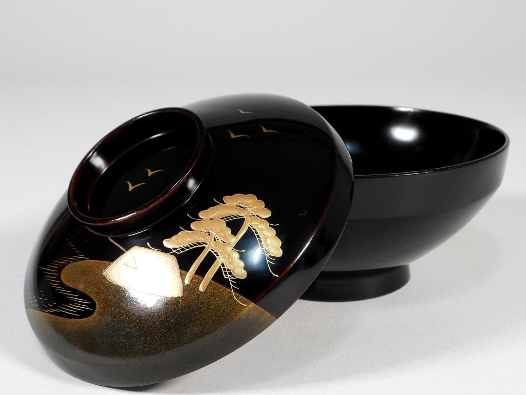 金蒔絵　風景図　木製漆器 輪島　汁椀蓋碗5客セット　吸物碗