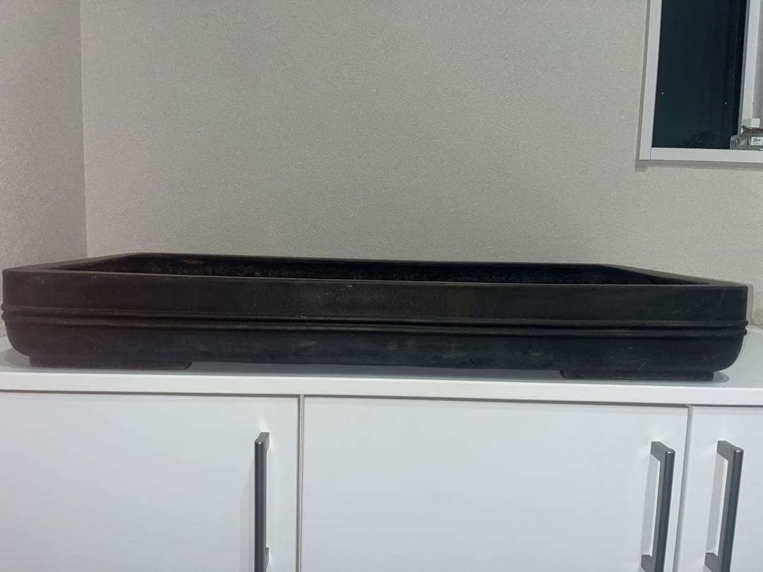 希少色　超特大鉢　中国宜興　黒泥中帯切足長方鉢　落款　盆栽鉢