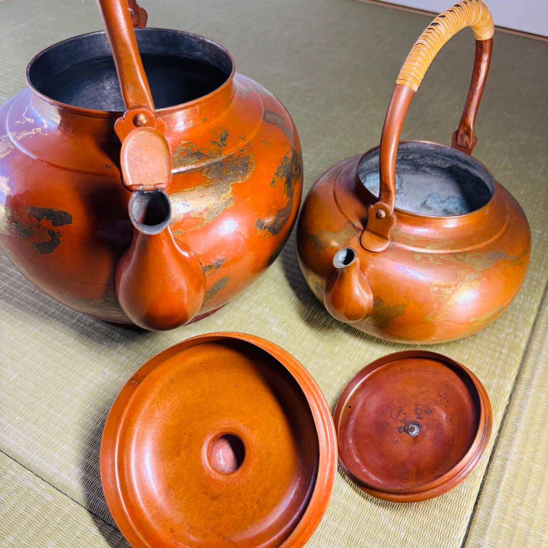 山川堂　夫婦薬缶　茶托　金彩　鎚起銅器口蓋付水次 大型 水注 湯沸し 茶道具