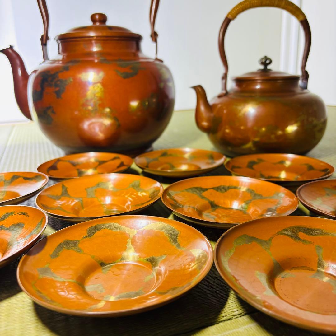 山川堂　夫婦薬缶　茶托　金彩　鎚起銅器口蓋付水次 大型 水注 湯沸し 茶道具