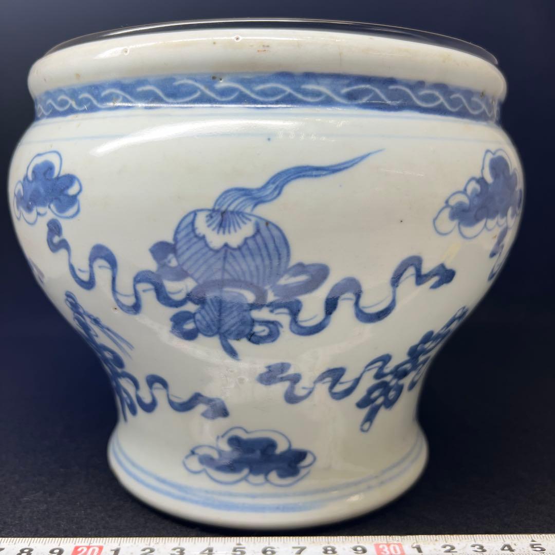 中国清時代青花雲宝文水指木箱付高さ約20.5㎝(蓋込)東な7-1011☆2F